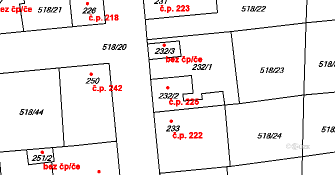 Líšťany 225 na parcele st. 232/2 v KÚ Líšťany u Cítolib, Katastrální mapa