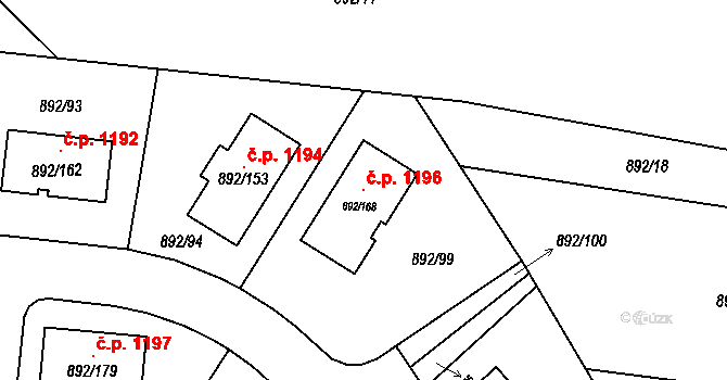 Srubec 1196 na parcele st. 892/168 v KÚ Srubec, Katastrální mapa