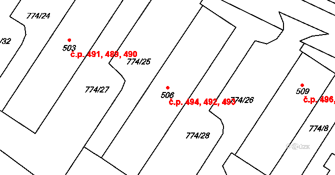Rokytnice v Orlických horách 492,493,494 na parcele st. 506 v KÚ Rokytnice v Orlických horách, Katastrální mapa