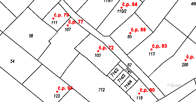 Šelešovice 72 na parcele st. 103 v KÚ Šelešovice, Katastrální mapa