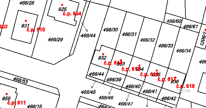 Chotěšov 614 na parcele st. 932 v KÚ Chotěšov, Katastrální mapa