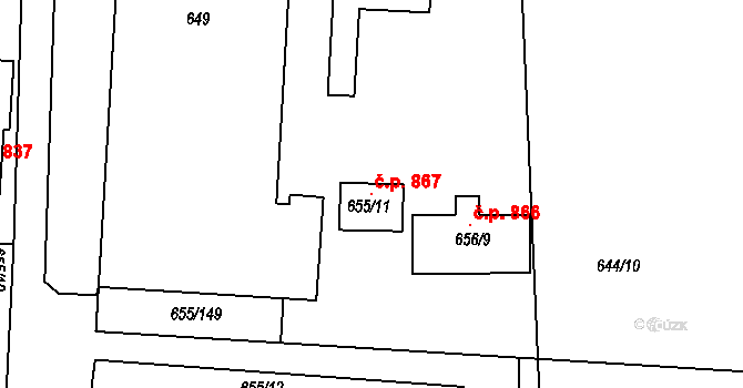 Prušánky 867 na parcele st. 655/11 v KÚ Prušánky, Katastrální mapa