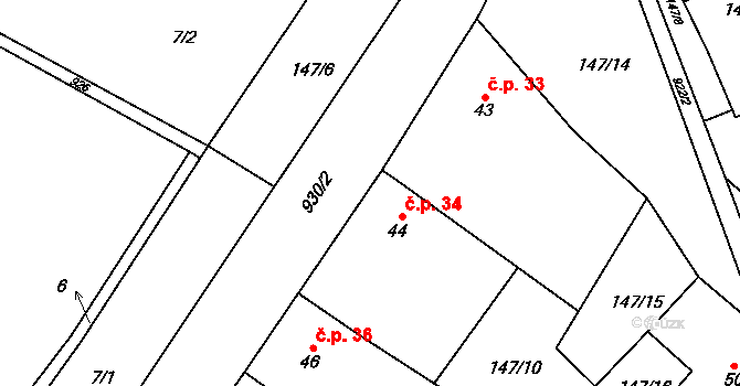Rakůvka 34 na parcele st. 44 v KÚ Rakůvka, Katastrální mapa