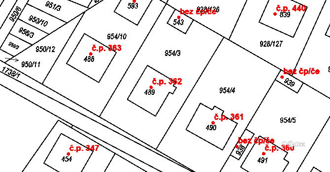 Jevišovice 362 na parcele st. 489 v KÚ Jevišovice, Katastrální mapa