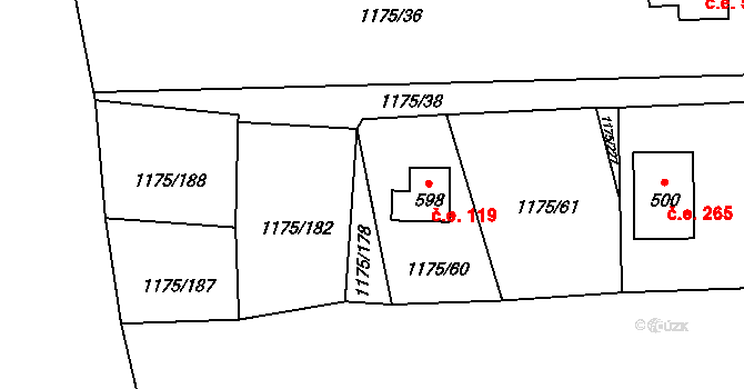 Vranov nad Dyjí 119 na parcele st. 598 v KÚ Vranov nad Dyjí, Katastrální mapa