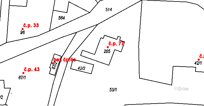 Jizbice 77 na parcele st. 205 v KÚ Jizbice u Nymburka, Katastrální mapa