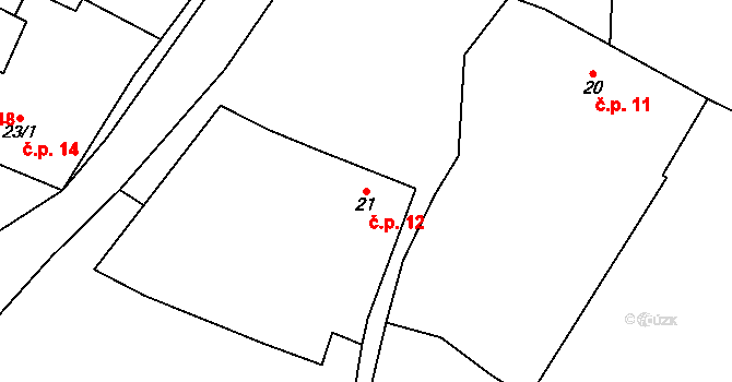 Vodranty 12 na parcele st. 21 v KÚ Vodranty, Katastrální mapa
