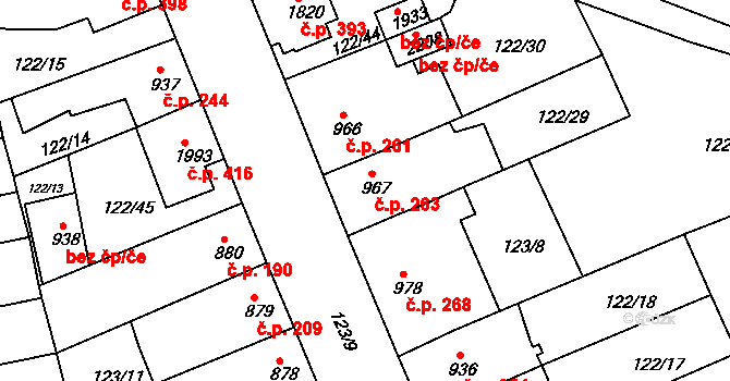 Telč-Štěpnice 263, Telč na parcele st. 967 v KÚ Telč, Katastrální mapa