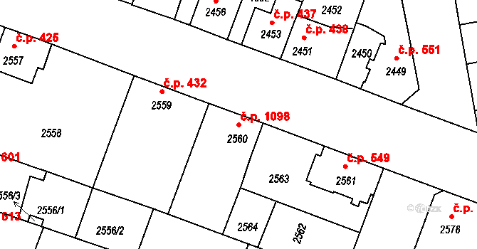Čelákovice 1098 na parcele st. 2560 v KÚ Čelákovice, Katastrální mapa