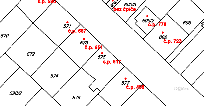 Lužice 517 na parcele st. 575 v KÚ Lužice u Hodonína, Katastrální mapa