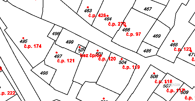 Moravský Písek 120 na parcele st. 501 v KÚ Moravský Písek, Katastrální mapa