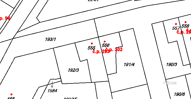 Humny 293, Pchery na parcele st. 555 v KÚ Pchery, Katastrální mapa