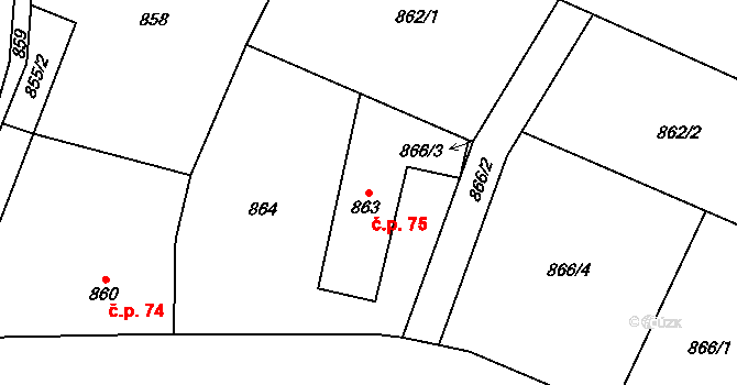 Krmelín 75 na parcele st. 863 v KÚ Krmelín, Katastrální mapa