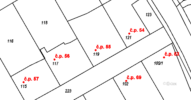 Skramníky 55, Klučov na parcele st. 119 v KÚ Skramníky, Katastrální mapa