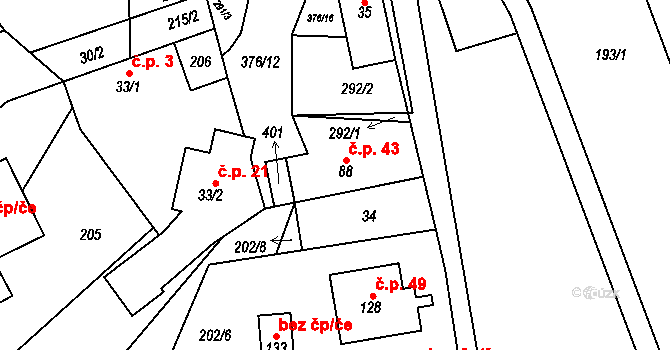Volavec 43, Radostná pod Kozákovem na parcele st. 88 v KÚ Volavec, Katastrální mapa