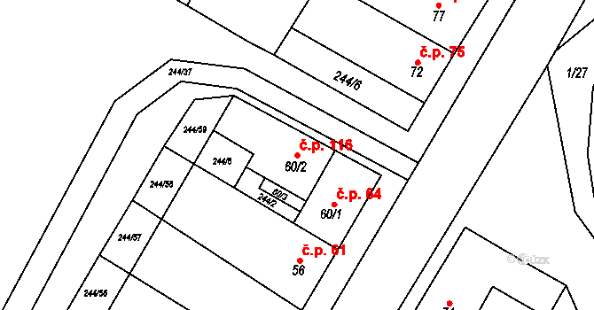 Suchý 116 na parcele st. 60/2 v KÚ Suchý, Katastrální mapa