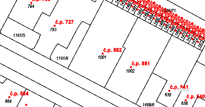 Třebechovice pod Orebem 882 na parcele st. 1001 v KÚ Třebechovice pod Orebem, Katastrální mapa