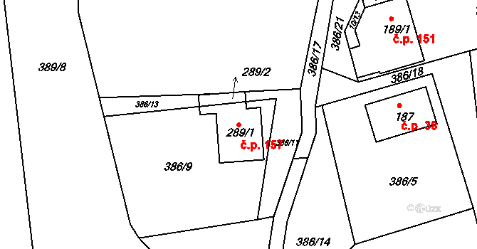 Sádek 157 na parcele st. 289/1 v KÚ Sádek u Poličky, Katastrální mapa