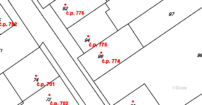 Březce 774, Štěpánov na parcele st. 96 v KÚ Březce, Katastrální mapa
