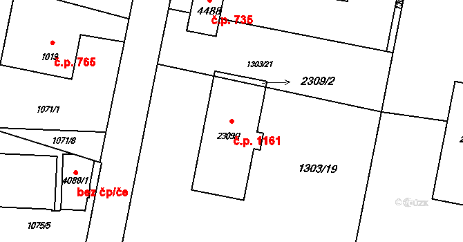 Rožnov pod Radhoštěm 1161 na parcele st. 2309/1 v KÚ Rožnov pod Radhoštěm, Katastrální mapa