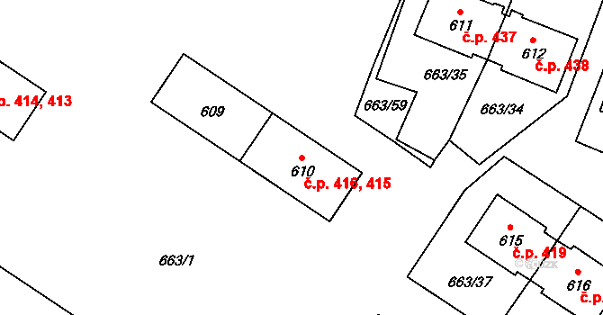 Milovice 415,416 na parcele st. 610 v KÚ Milovice nad Labem, Katastrální mapa