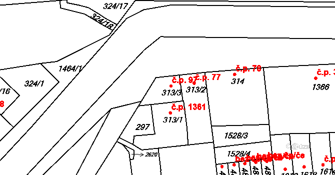 Horka-Domky 97, Třebíč na parcele st. 313/3 v KÚ Třebíč, Katastrální mapa
