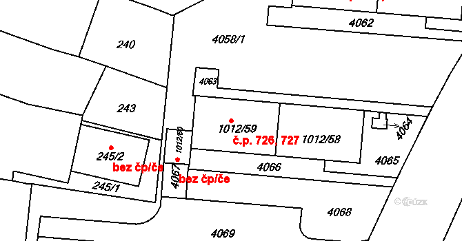 Komín 726,727, Brno na parcele st. 1012/59 v KÚ Komín, Katastrální mapa