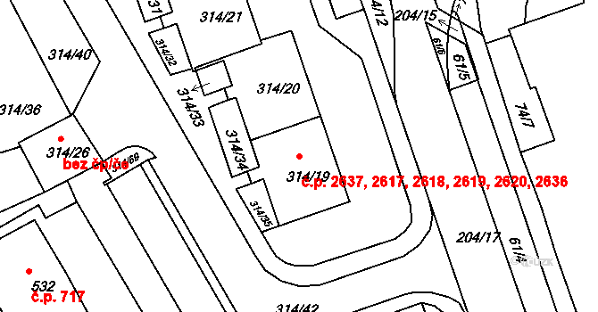 Královo Pole 2617,2618,2619,2620,, Brno na parcele st. 314/19 v KÚ Královo Pole, Katastrální mapa