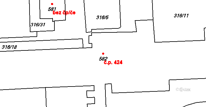 Černčice 424 na parcele st. 582 v KÚ Černčice u Loun, Katastrální mapa