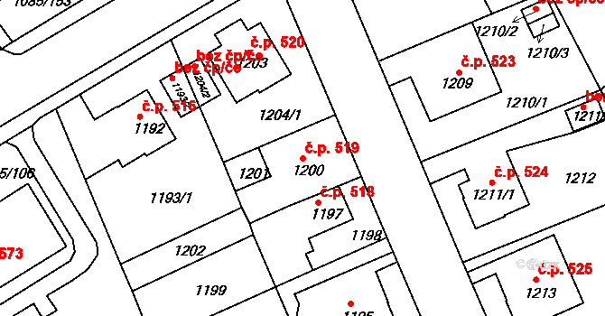 Frýdek 519, Frýdek-Místek na parcele st. 1200 v KÚ Frýdek, Katastrální mapa