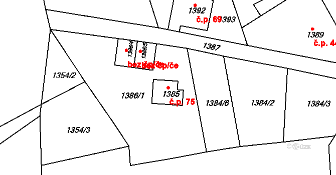 Těšovice 75 na parcele st. 1385 v KÚ Těšovice, Katastrální mapa