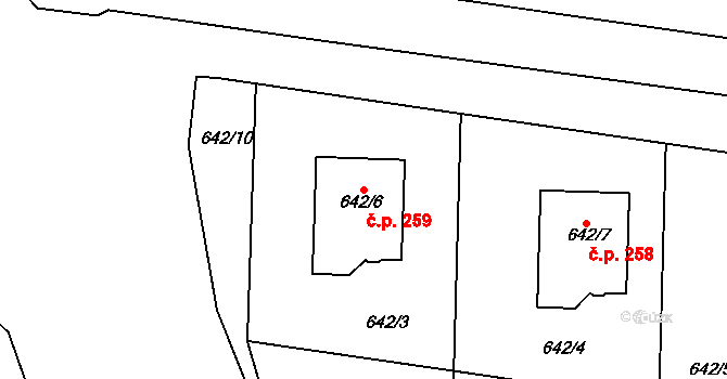 Svatava 259 na parcele st. 642/6 v KÚ Svatava, Katastrální mapa