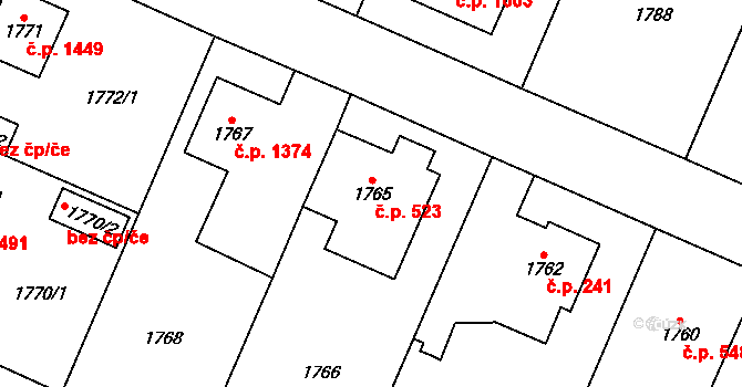 Újezd nad Lesy 523, Praha na parcele st. 1765 v KÚ Újezd nad Lesy, Katastrální mapa