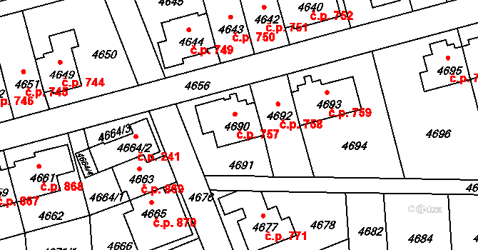 Záběhlice 757, Praha na parcele st. 4690 v KÚ Záběhlice, Katastrální mapa