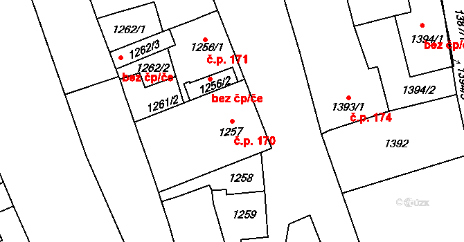Těšice 170, Mikulčice na parcele st. 1257 v KÚ Mikulčice, Katastrální mapa