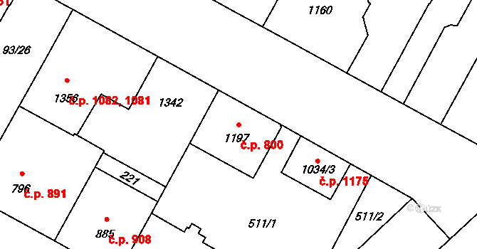 Olomouc 800 na parcele st. 1197 v KÚ Olomouc-město, Katastrální mapa