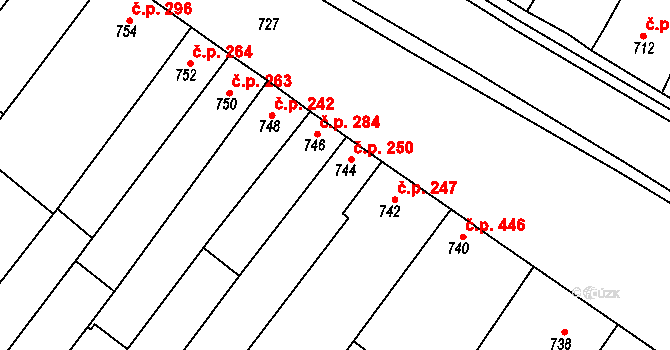 Blučina 250 na parcele st. 744 v KÚ Blučina, Katastrální mapa