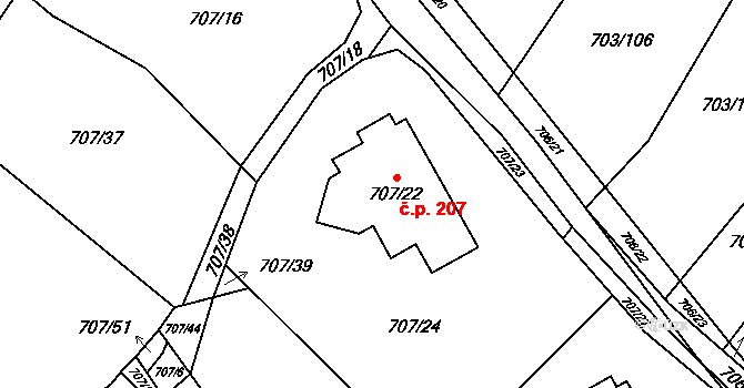 Rozdrojovice 207 na parcele st. 707/22 v KÚ Rozdrojovice, Katastrální mapa