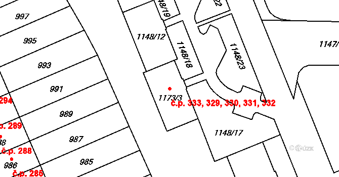Koterov 329,330,331,332,333, Plzeň na parcele st. 1148/11 v KÚ Hradiště u Plzně, Katastrální mapa