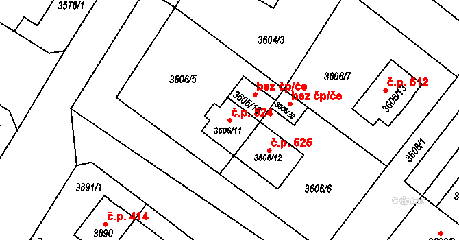 Božkov 524, Plzeň na parcele st. 3606/11 v KÚ Plzeň, Katastrální mapa