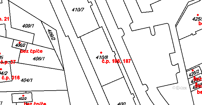 Hradiště 186,187, Plzeň na parcele st. 410/8 v KÚ Hradiště u Plzně, Katastrální mapa