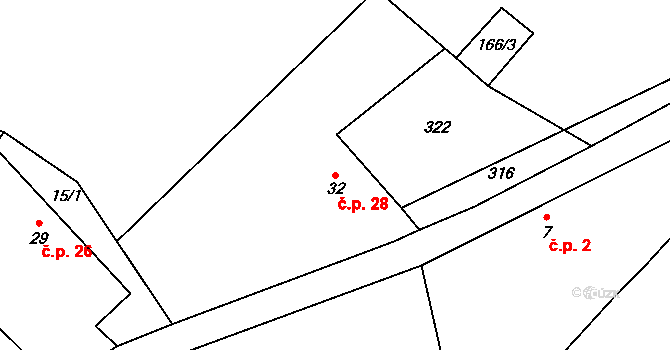 Víska 28, Březovice na parcele st. 32 v KÚ Víska u Březovic, Katastrální mapa