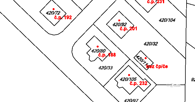 Bdeněves 188 na parcele st. 420/80 v KÚ Bdeněves, Katastrální mapa