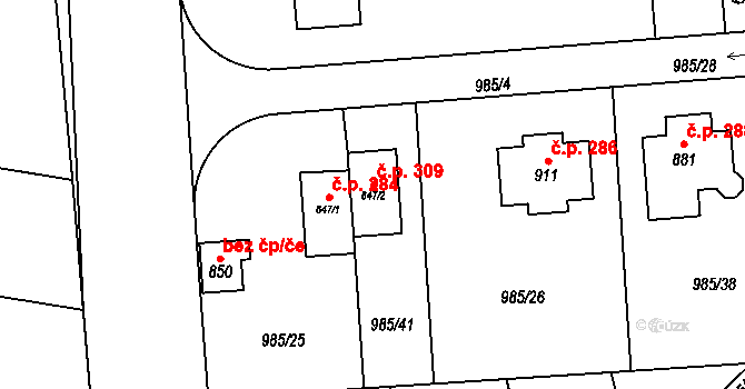 Želivec 309, Sulice na parcele st. 847/2 v KÚ Sulice, Katastrální mapa