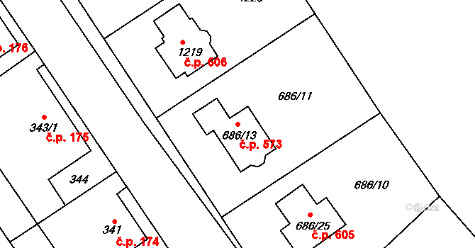 Krmelín 573 na parcele st. 686/13 v KÚ Krmelín, Katastrální mapa