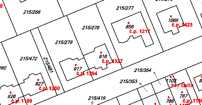 Rudná 1327 na parcele st. 916 v KÚ Hořelice, Katastrální mapa