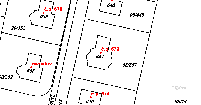 Bašť 673 na parcele st. 647 v KÚ Bašť, Katastrální mapa