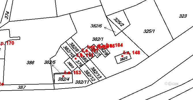Řícmanice 185 na parcele st. 382/7 v KÚ Řícmanice, Katastrální mapa