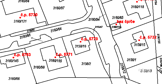 Chomutov 5770 na parcele st. 3158/16 v KÚ Chomutov II, Katastrální mapa