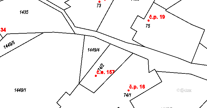 Jiřín 157, Bystřice na parcele st. 74/2 v KÚ Ouběnice u Votic, Katastrální mapa